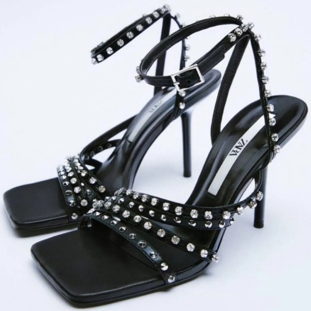 Zara Black Sexy Studded Embellished Stiletto Heels Open Square Toe Size 41
